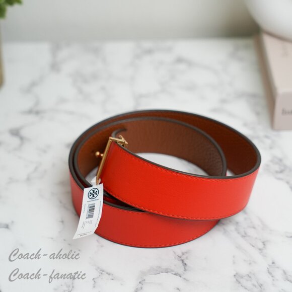 NWT Tory Burch Britten Logo Reversible Leather Belt 1.5" Width Size S Tan/poppy - Picture 3 of 4